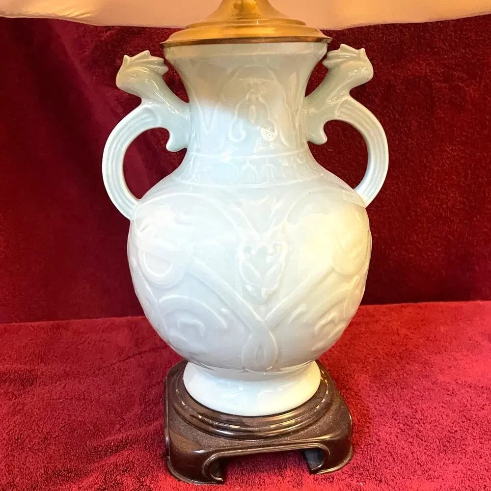Vintage Celadon Style Ceramic Dragon Handle Table Lamp Carved Green Stone Finial